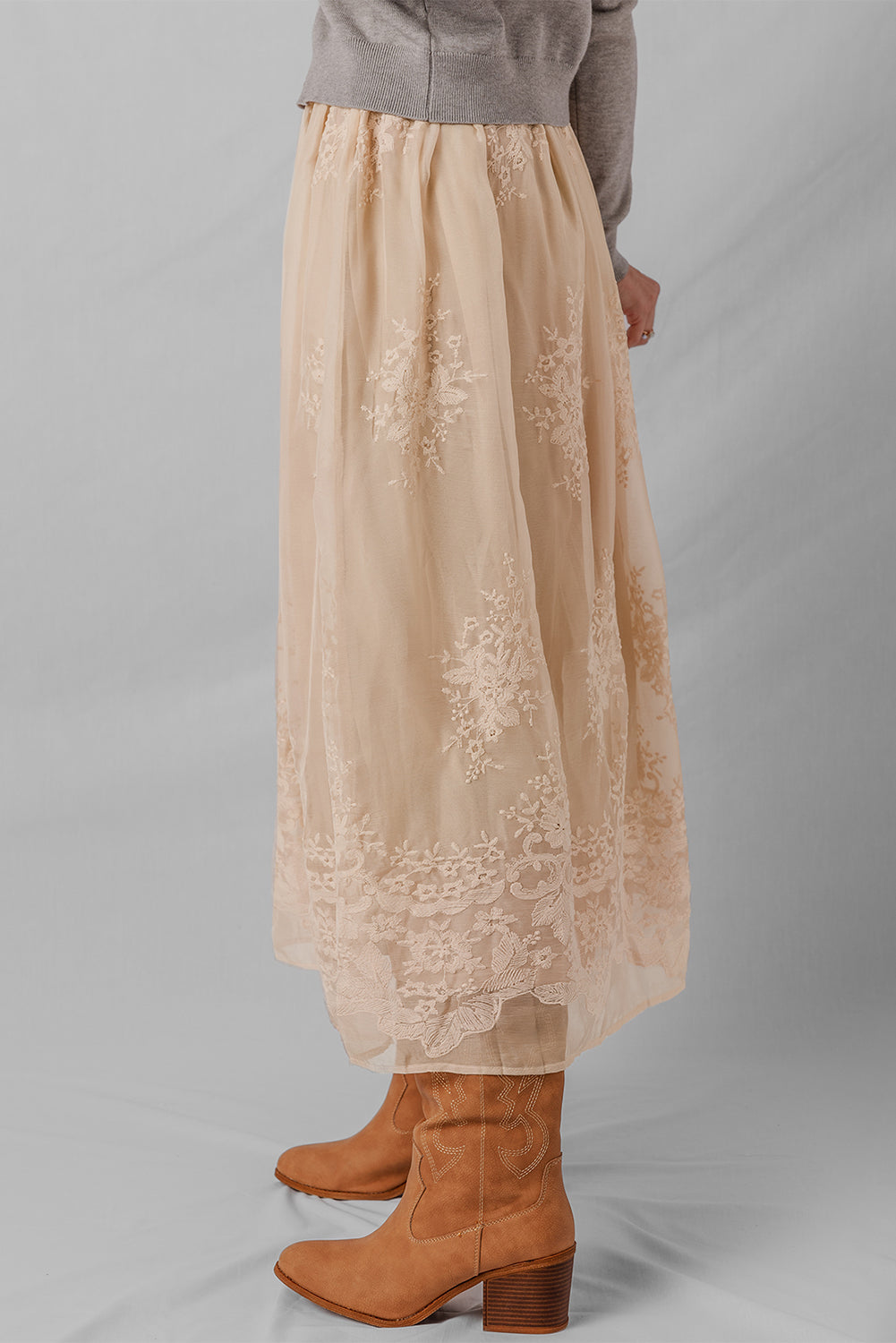 Vivienne Embroidered Mesh Overlay Long Skirt Threaded Pear