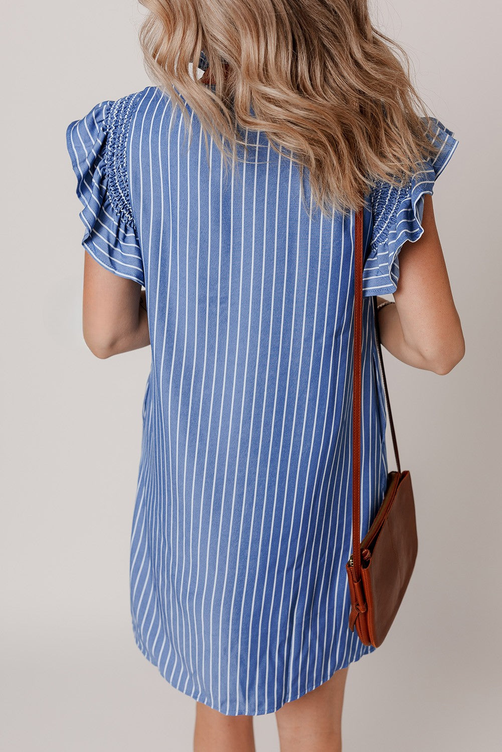 Leah Stripe Frilly Split Neck Shirred Ruffle Sleeve Dress