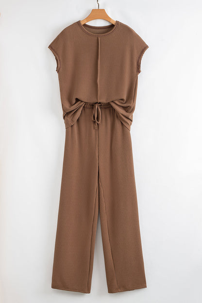 Megan Corded Short Sleeve Top and Casual Pants Set