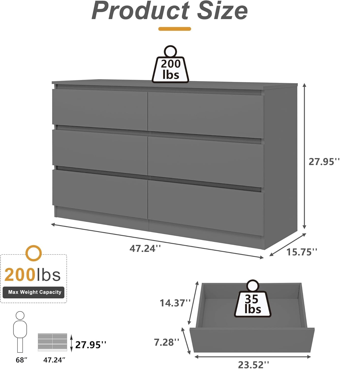 Grey Dresser for Bedroom,6 Drawer Dresser,Chest of Drawers,Modern Wood Dresser,Dresser Bedroom Furniture,Tv Dresser for Closet,Kid'S Room,Nursery ShipItFurniture