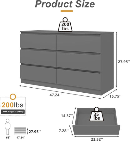 Grey Dresser for Bedroom,6 Drawer Dresser,Chest of Drawers,Modern Wood Dresser,Dresser Bedroom Furniture,Tv Dresser for Closet,Kid'S Room,Nursery ShipItFurniture