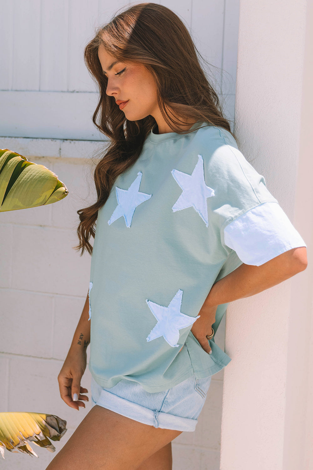 Etta Frayed Denim Star Patched Oversize Top