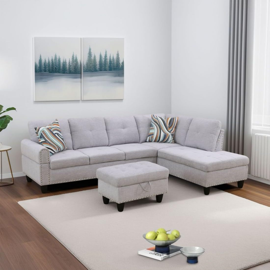 Grey White Flannel L Shaped Sectional Sofa With Ottoman ShipItFurniture