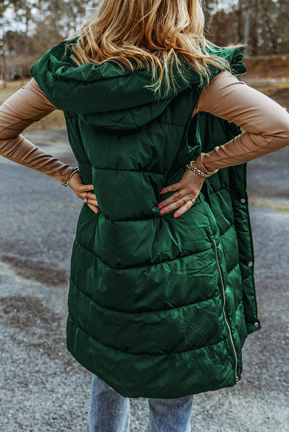 Black Hooded Long Quilted Vest PLUS Coat