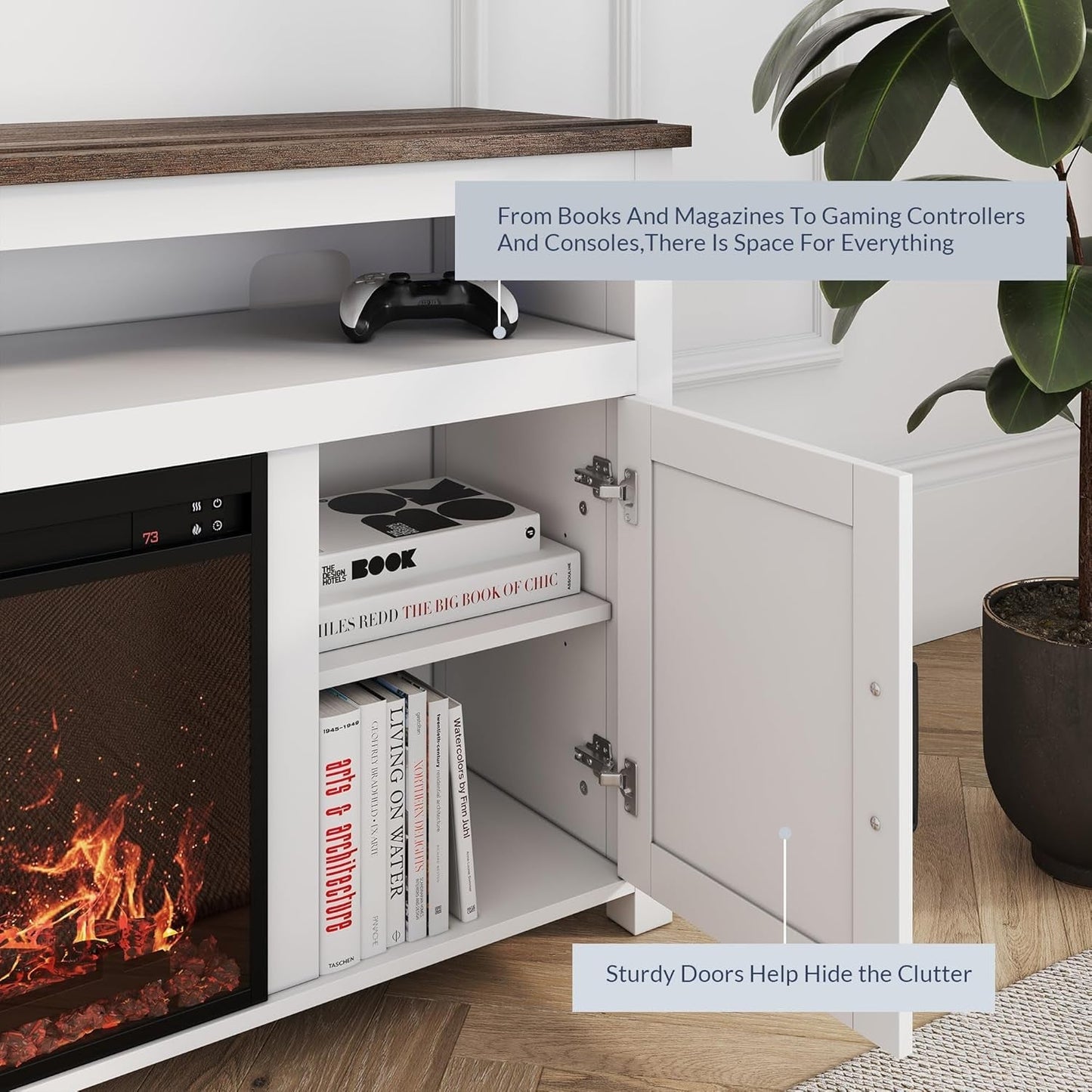 58 Inch White Farmhouse Fireplace TV Stand Cabinet