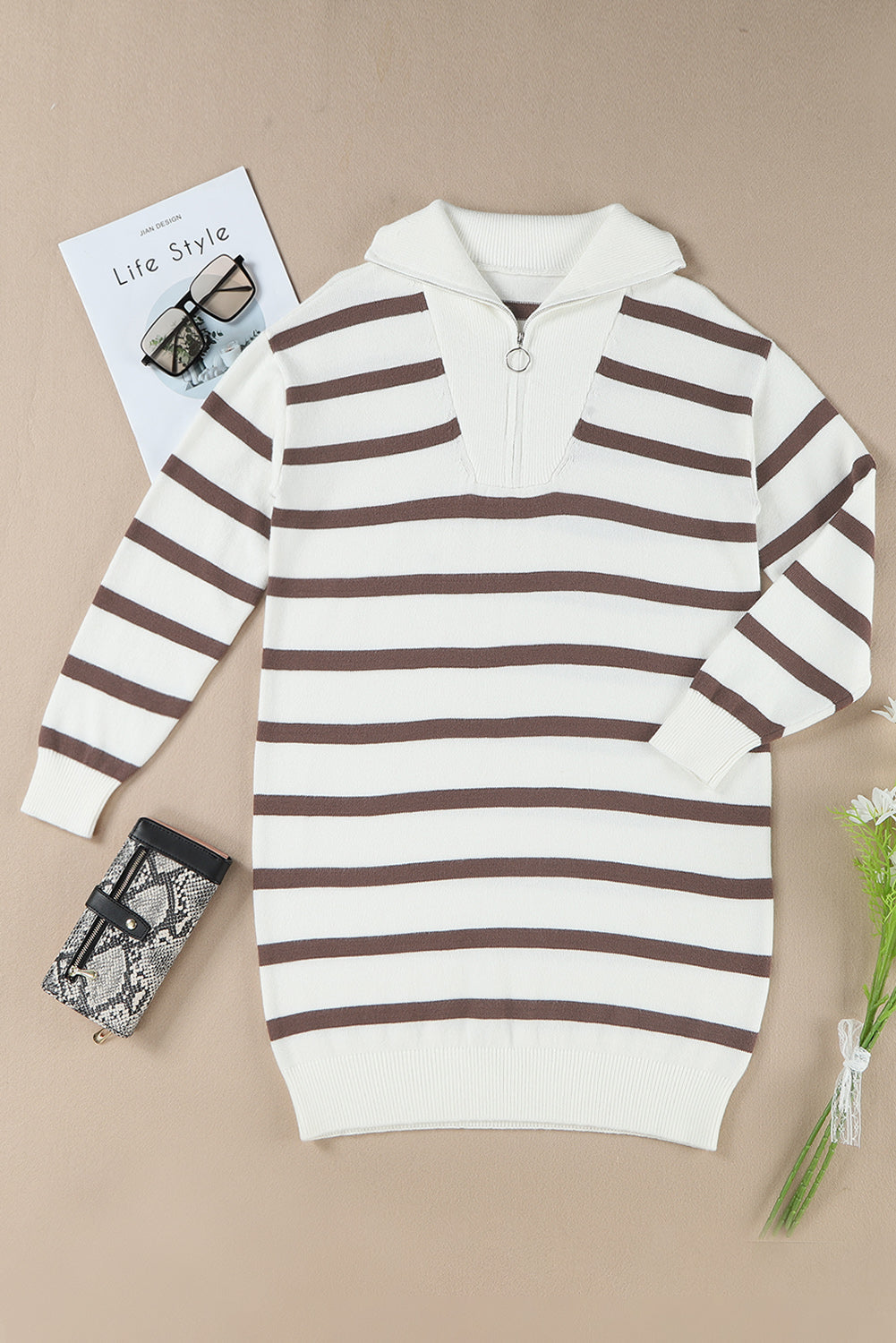 Iris Striped Zip Collared Loose Sweater Mini Dress Threaded Pear