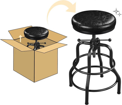 Industrial Bar Stools Vintage Counter Height Bar Stool with round Faux Leather Seat Metal Stool Adjustable Kitchen Stool 21.5-28 Inch Tall Black, 1PCS-3
