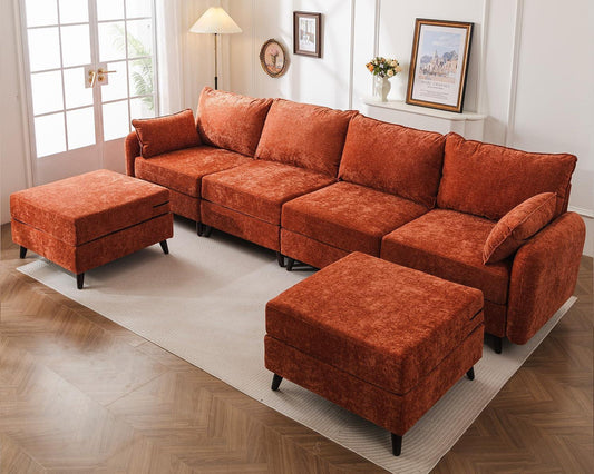 Velvet Orange 135 Modular Sectional Sofa Storage Ottoman ShipItFurniture