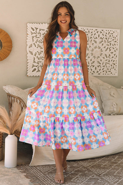 Lottie Floral Print Frilly Neck Sleeveless Tiered Maxi Dress