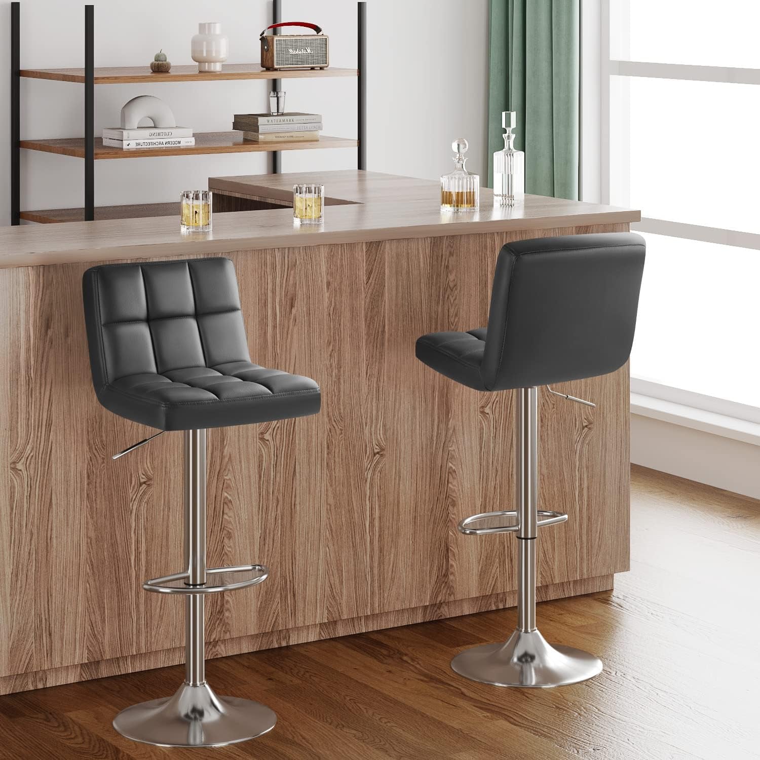 Bar Stools Modern Pu Leather Swivel Adjustable Hydraulic Bar Stool Square Counter Height Stool Set of 2 (Gray) ShipItFurniture