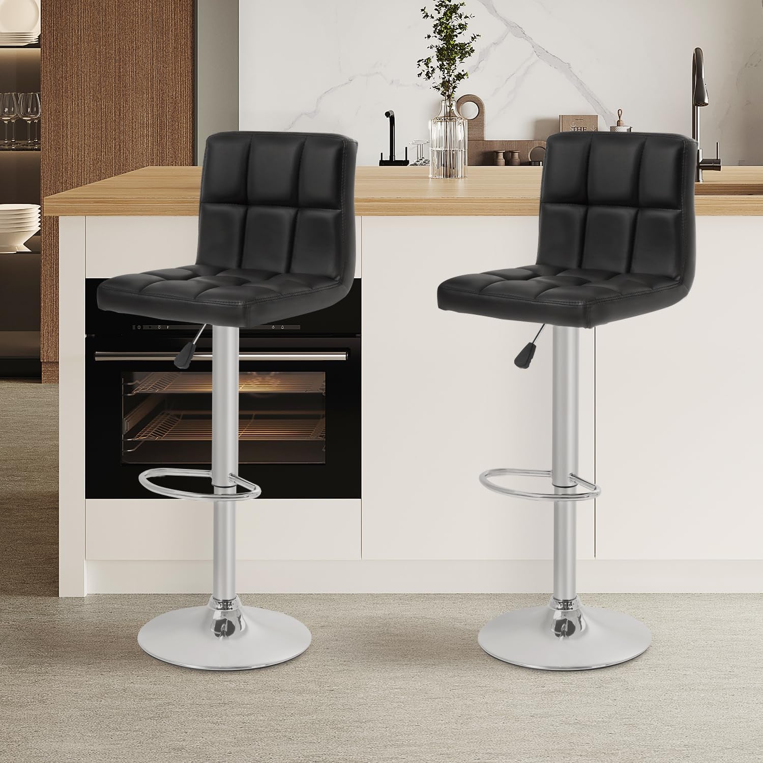 Bar Stools Set of 2, Adjustable Swivel Bar Stools, Counter Height Bar Stools with Back PU Leather Armless Hydraulic Kitchen Counter Bar Stool (Black) ShipItFurniture