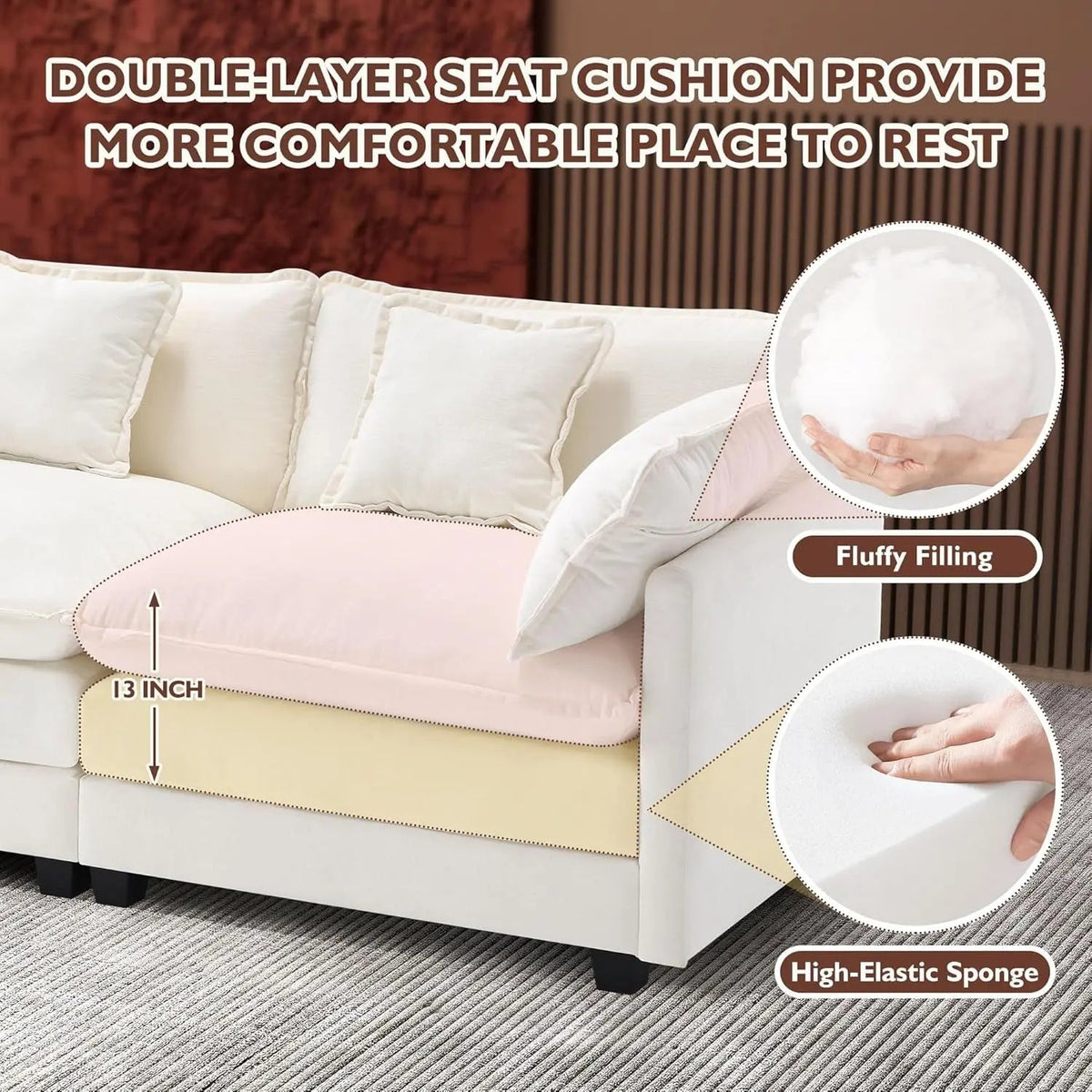111.4 Inch 3 Seater Cloud Sofa Modular Sectional Couch Beige With Breathable Chenille Fabric - Get it from Bo