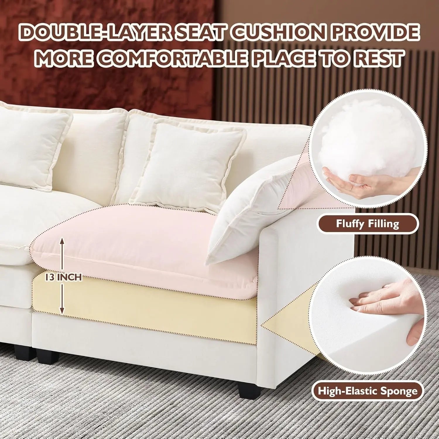 111.4 Inch 3 Seater Cloud Sofa Modular Sectional Couch Beige With Breathable Chenille Fabric - Get it from Bo