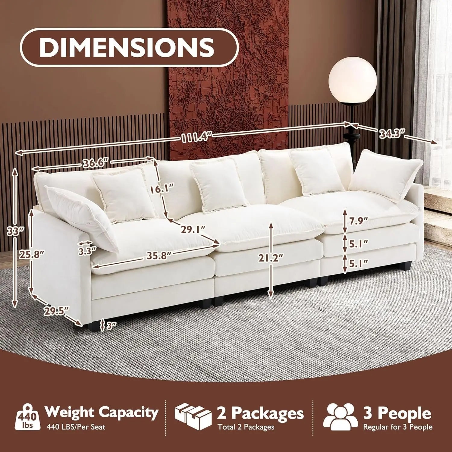 111.4 Inch 3 Seater Cloud Sofa Modular Sectional Couch Beige With Breathable Chenille Fabric - Get it from Bo