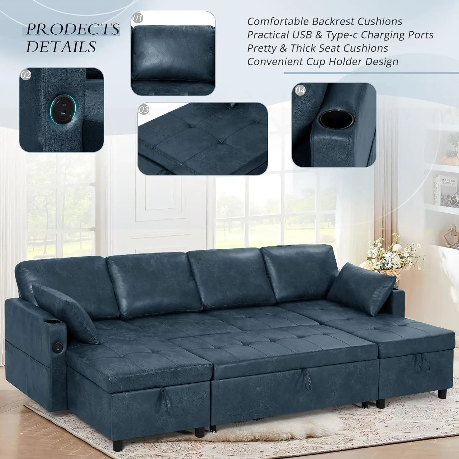 Blue Genuine Suede Leather 110Inch Sectional Sleeper ShipItFurniture