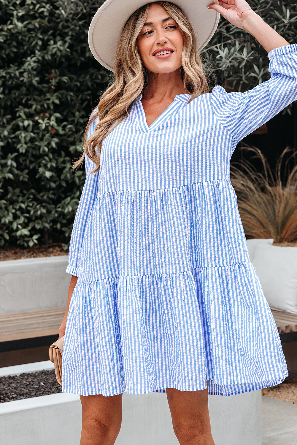 Kaia Stripe Bracelet Sleeve Tiered Dress with Pockets Threaded Pear