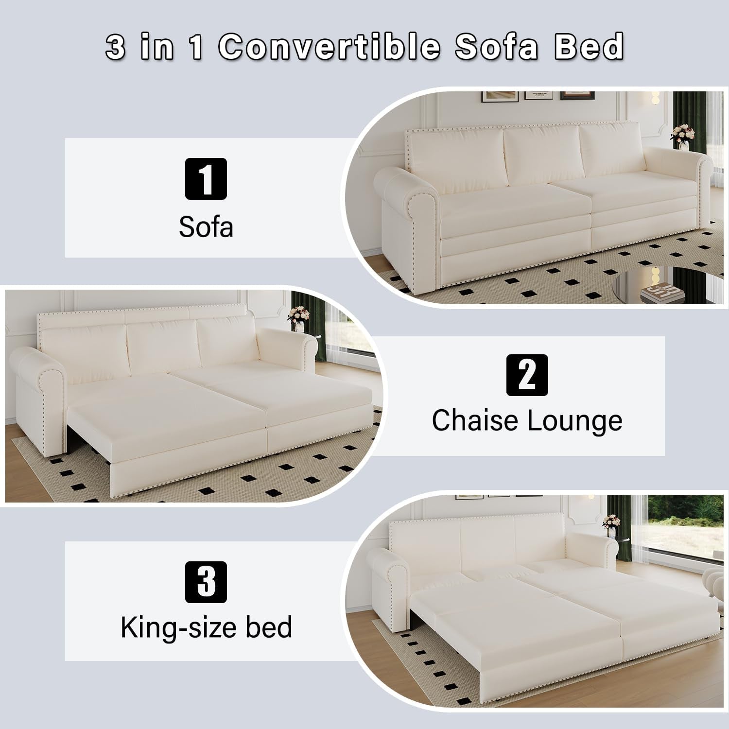 King Size Multifunctional Sleeper Sofa Beige Velvet ShipItFurniture
