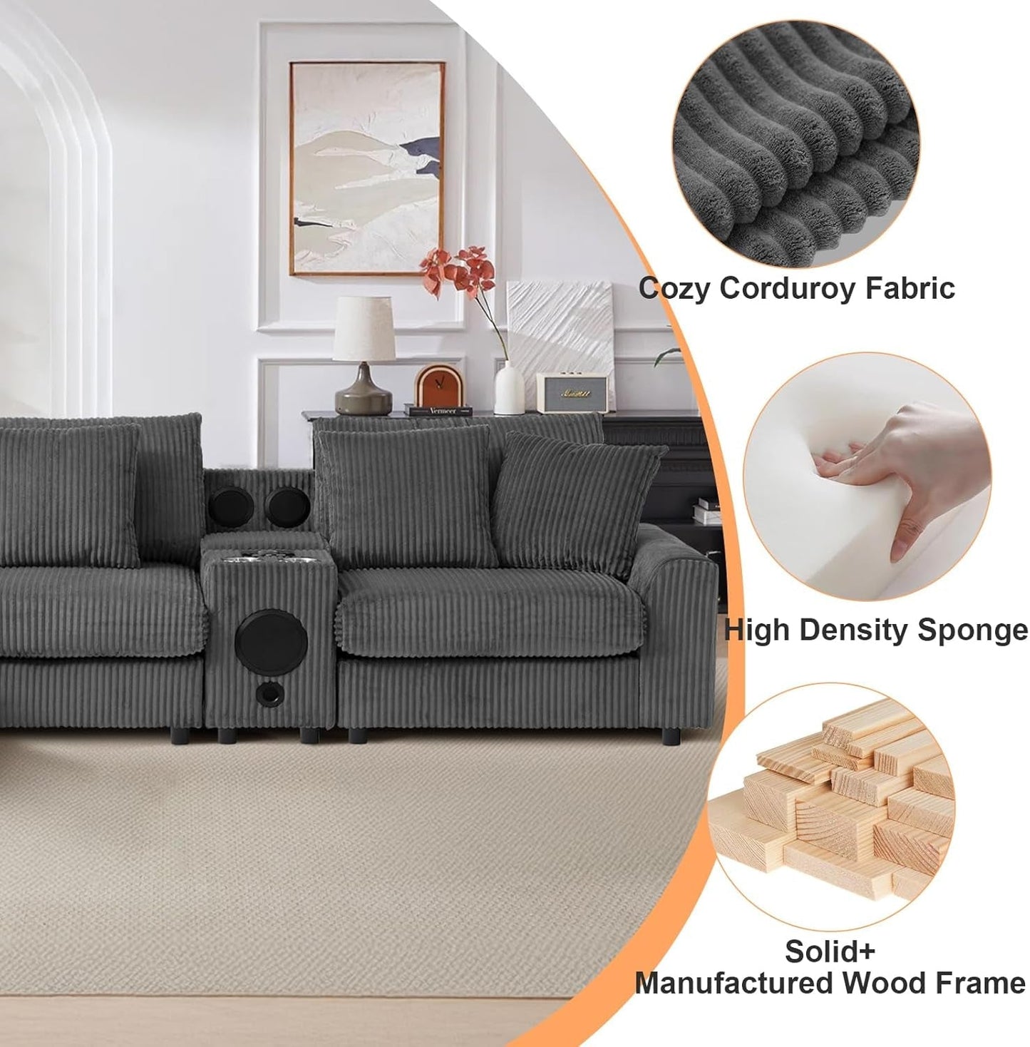 114 Inch Corduroy Sectional Couch With Bluetooth Speakers ShipItFurniture