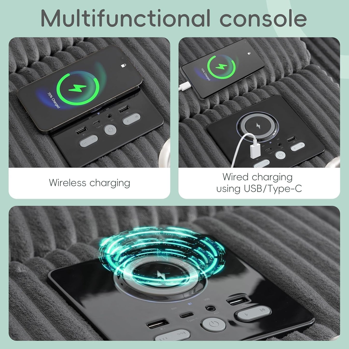 114 Inch Corduroy Sectional Couch With Bluetooth Speakers ShipItFurniture