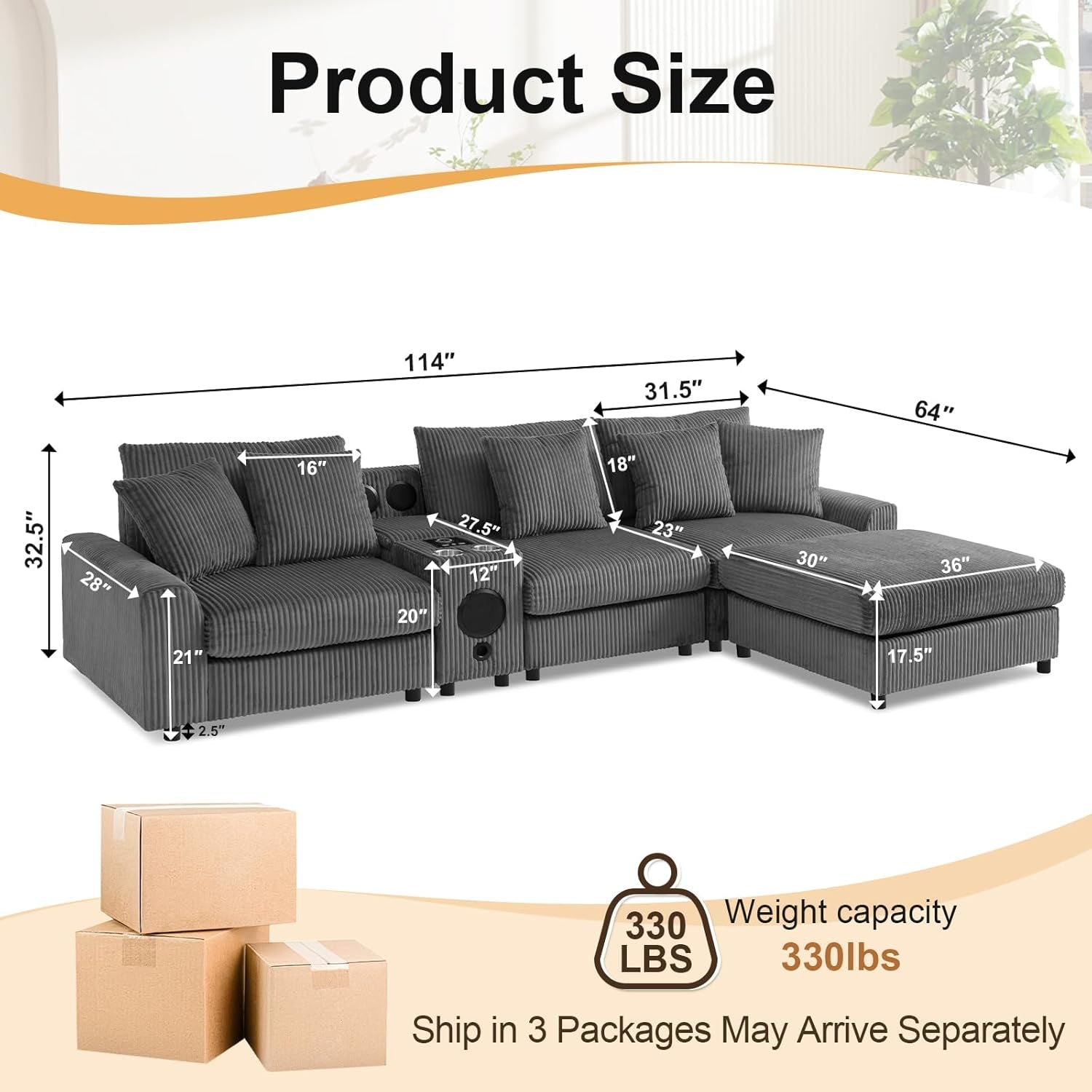 114 Inch Corduroy Sectional Couch With Bluetooth Speakers ShipItFurniture