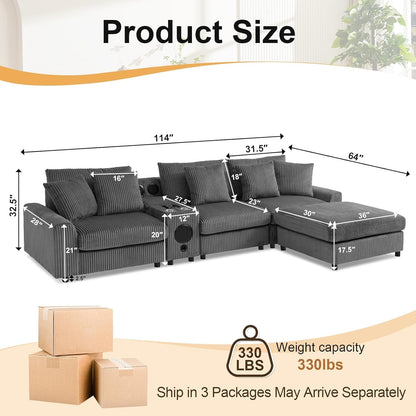 114 Inch Corduroy Sectional Couch With Bluetooth Speakers ShipItFurniture
