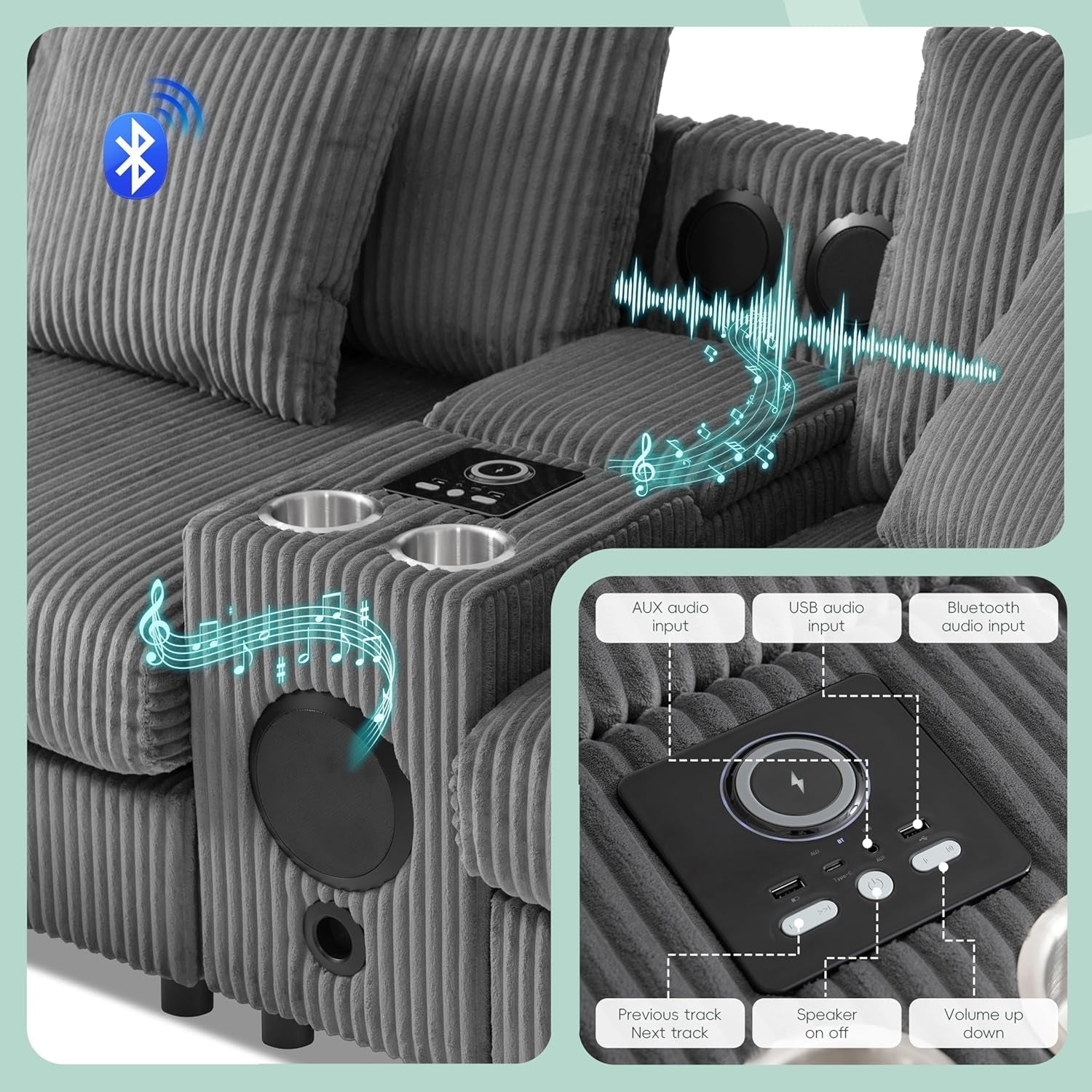 114 Inch Corduroy Sectional Couch With Bluetooth Speakers ShipItFurniture