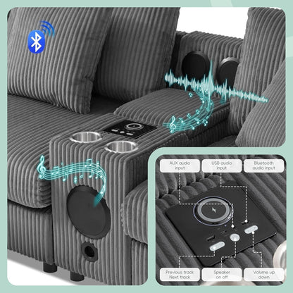 114 Inch Corduroy Sectional Couch With Bluetooth Speakers ShipItFurniture