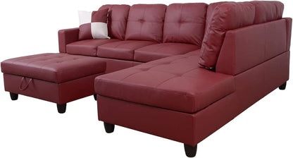 Sectional Sofa Faux Leather L Shaped 103.5 Inch Wide Red ShipItFurniture