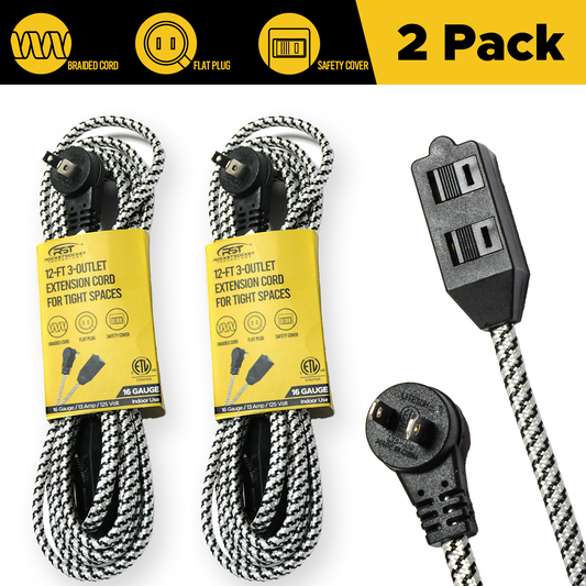 2-Pack 12ft Flat Extension Cord with Safety Covers, Braided Long Extension Cord with Flat Plug, 3-Outlet Power Strip, 16AWG, 1625W, ETL Listed - Get it from Bo