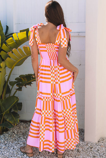 Elyse Boho Gingham Tied Straps Smocked Maxi Dress