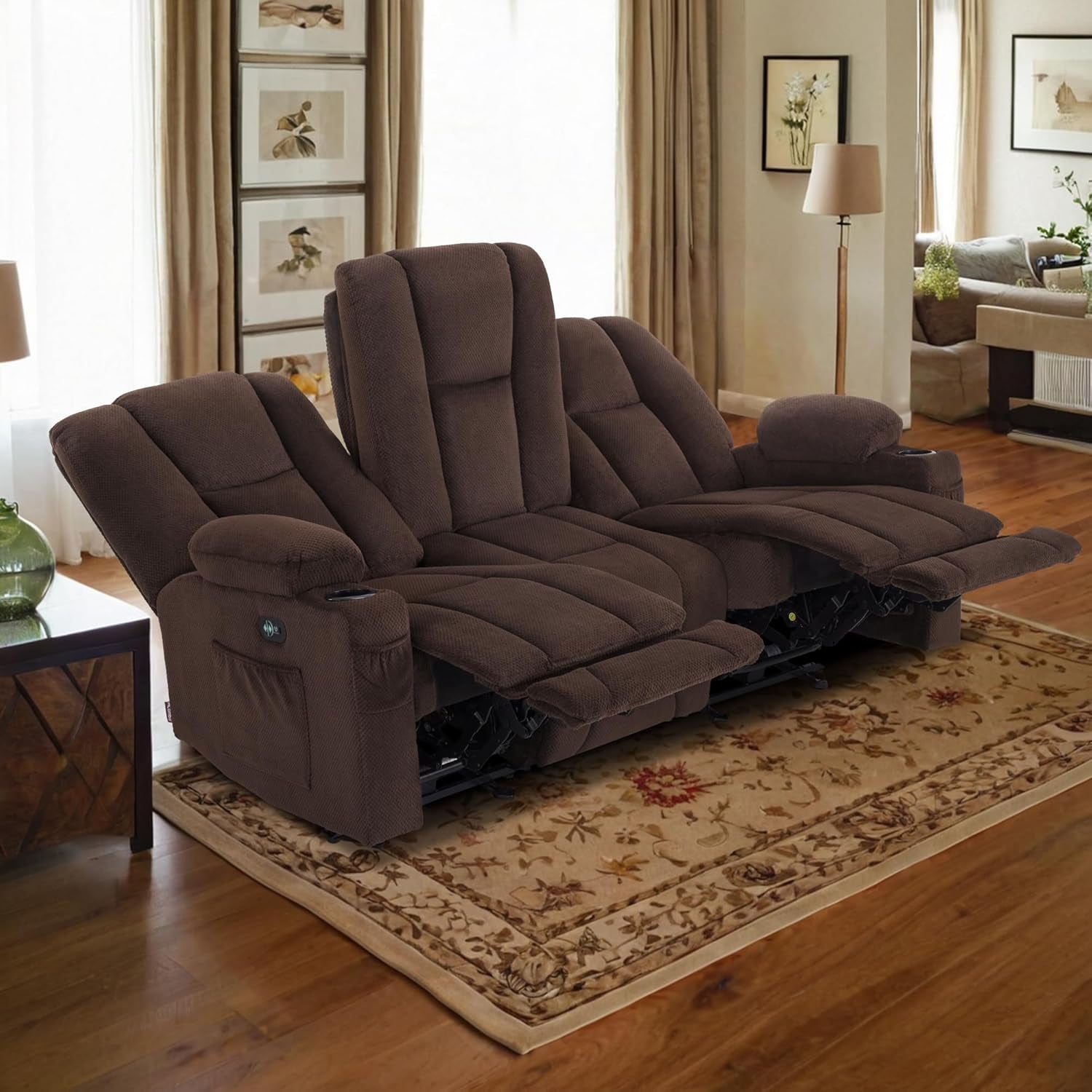 Power Reclining Sofa 3 Seat With Heat And Vibration Brown ShipItFurniture