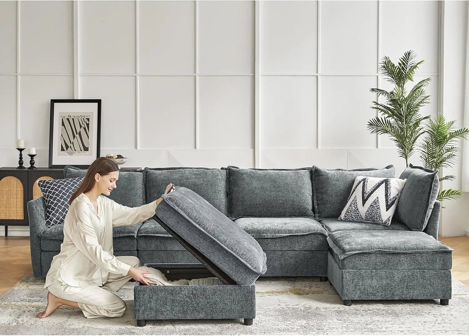 127 Inch Grey Modular Sectional Sofa With Storage Ottoman - Get it from Bo
