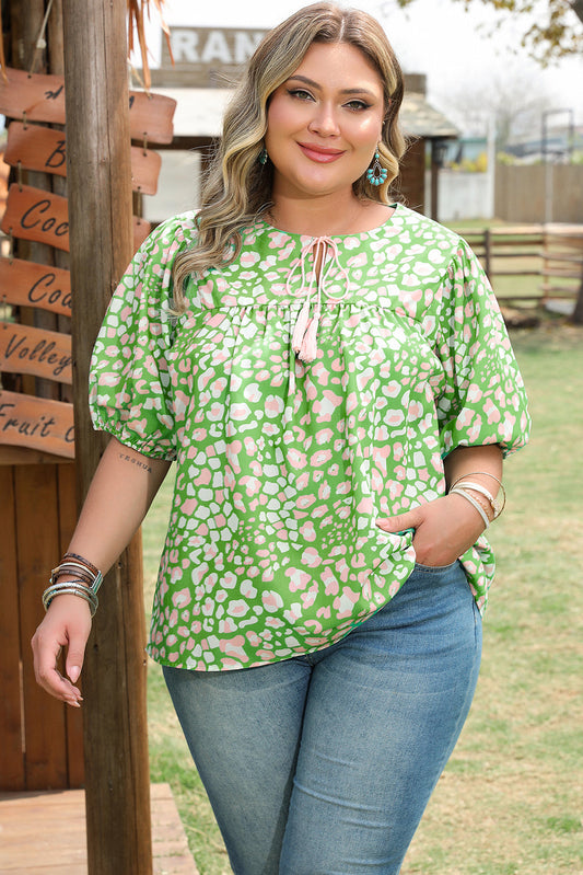 Selena Plus Size Floral Tassel Tie Blouse