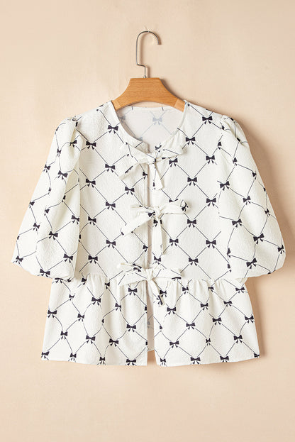 Ezra Bowknot Print Front Knots Bubble Sleeve Blouse