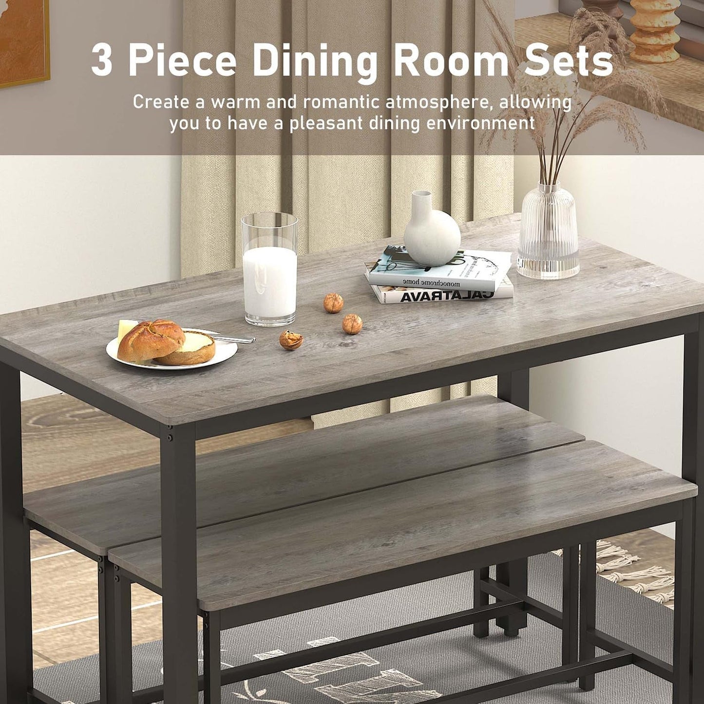 Dining Table Set for 4, Kitchen Room Table Set with 2 Benches, 3-Piece Dining Chairs Set for Breakfast Nook, Grey ShipItFurniture