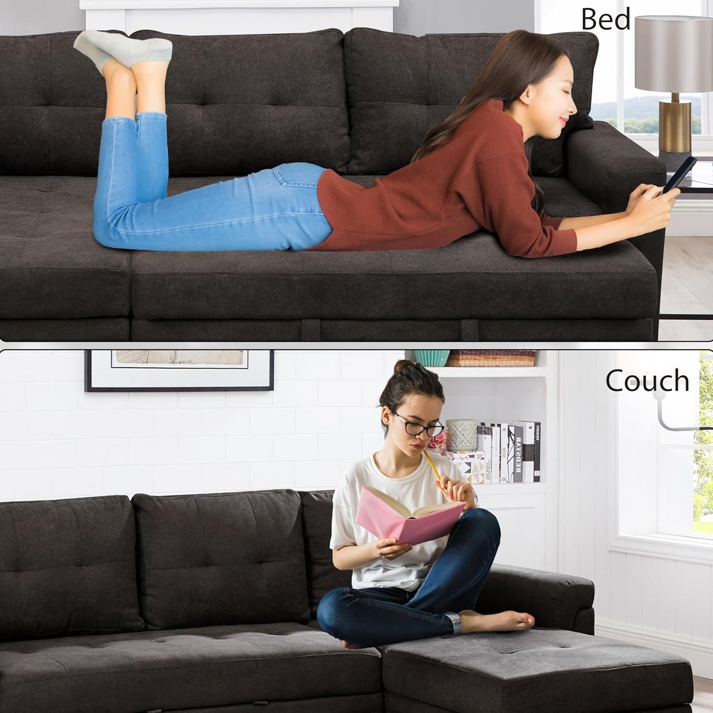 Espresso Velvet Sleeper Sectional Sofa Bed Chaise Set ShipItFurniture