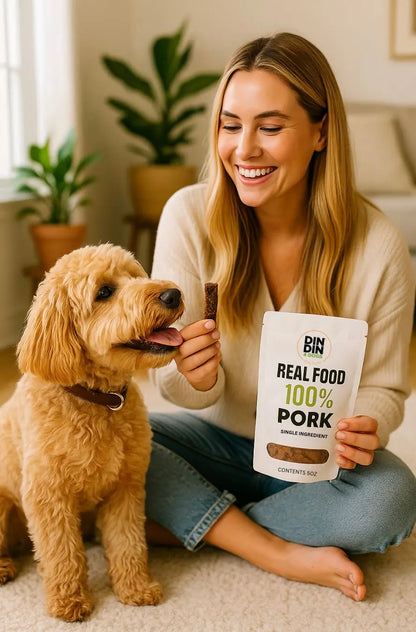 100% Pork Dog Treats, 5 Ounce Bag, Single Ingredient, High Protein Din Din 4 Dogs