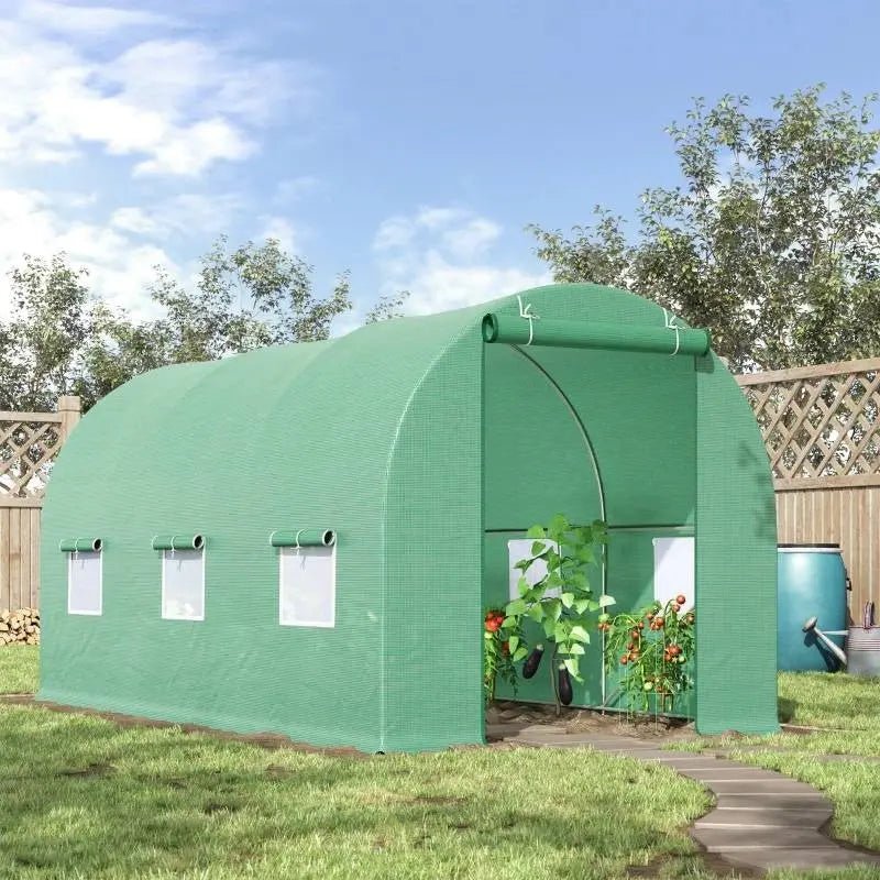 14.5 ft x 6.3 ft Outdoor Greenhouse with Green PE Cover and Sturdy Steel Frame - Get it from Bo