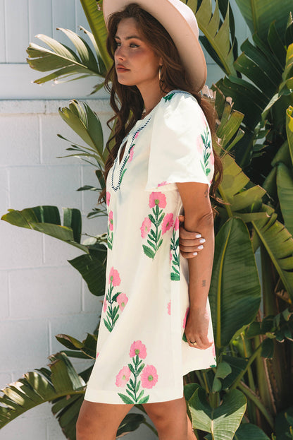 Paloma Floral Short Sleeve Split Neck Loose Mini Dress