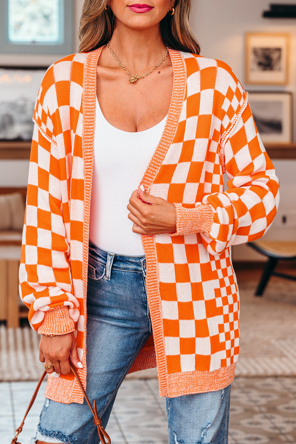 Wrenley Checkered Open Front Drop Shoulder Cardigan Threaded Pear