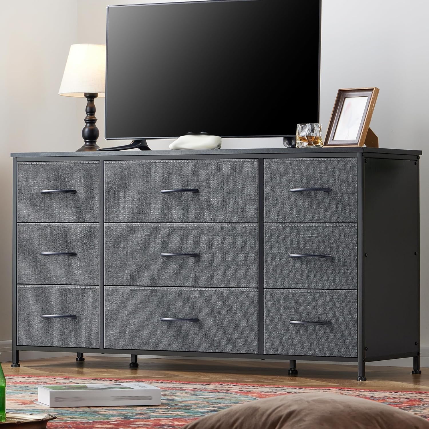 Dresser, Dresser for Bedroom with 9 Drawers, Wide Dresser TV Stand for 55” TV Stand for Bedroom Dresser Long Dressers & Chests of Drawers, Metal Frame&Wood Top, Closet, Hallway, Grey ShipItFurniture
