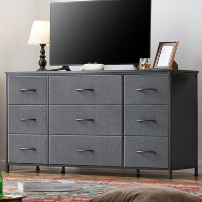 Dresser, Dresser for Bedroom with 9 Drawers, Wide Dresser TV Stand for 55” TV Stand for Bedroom Dresser Long Dressers & Chests of Drawers, Metal Frame&Wood Top, Closet, Hallway, Grey ShipItFurniture