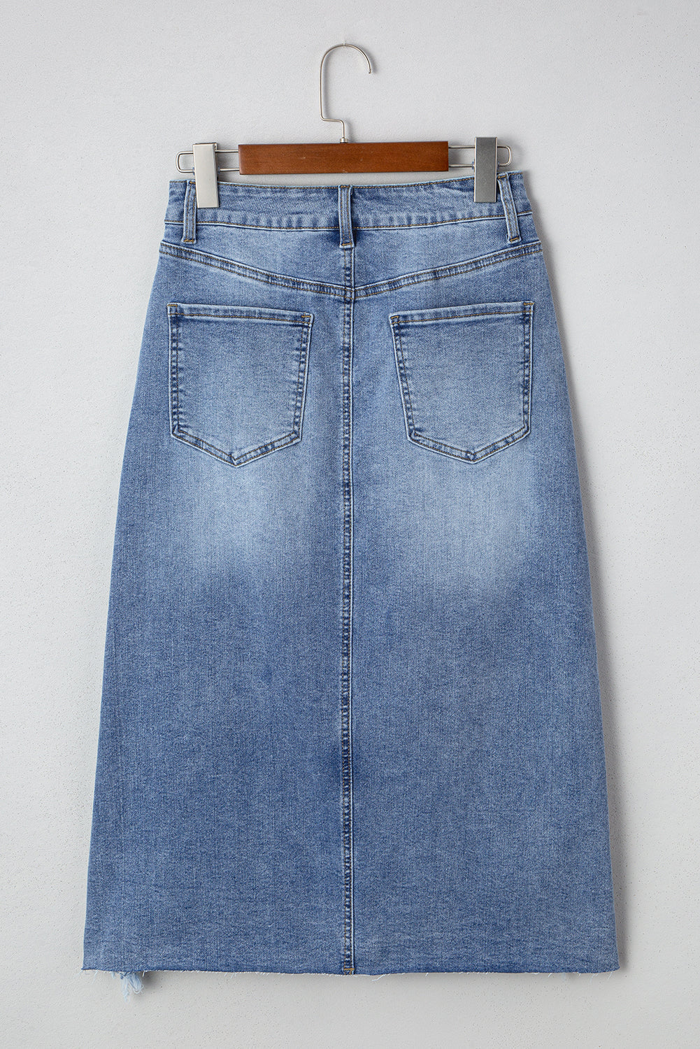 Alexis Irregular Distressed Bottom Denim Midi Skirt