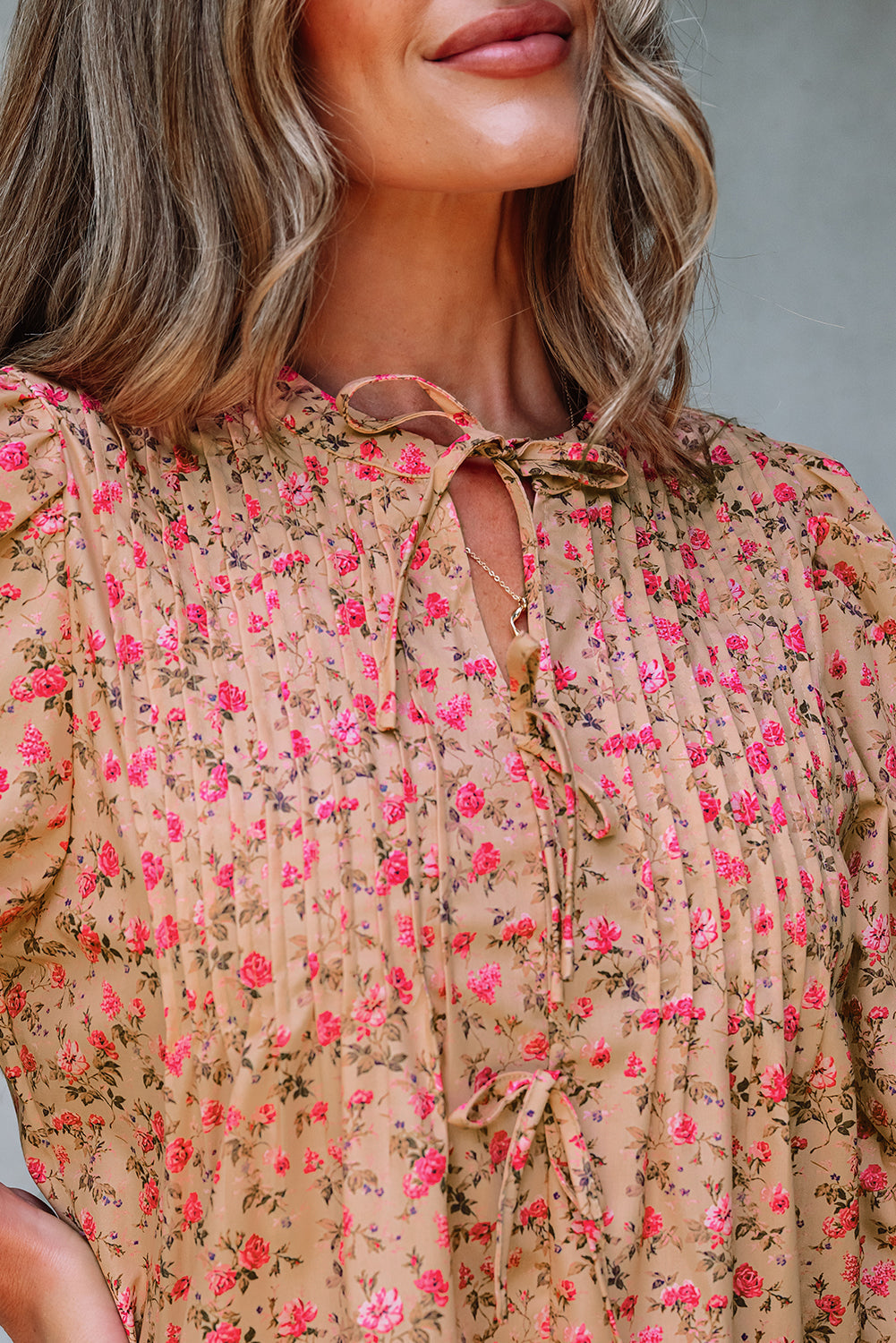 Sadie Floral Bow Pin-tuck Bust Half Puff Sleeve Blouse Threaded Pear