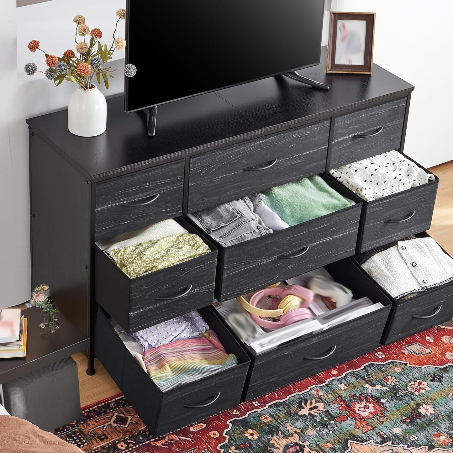 Dresser, Dresser for Bedroom with 9 Drawers, Wide Dresser TV Stand for 55” TV Stand for Bedroom Dresser Long Dressers & Chests of Drawers, Metal Frame&Wood Top, Closet, Hallway, Charcoal Black ShipItFurniture