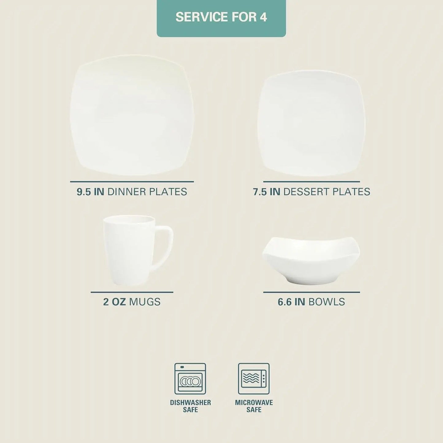 16 Pieces - White Square Porcelain Dinnerware Set - Service for 4 - Get it from Bo
