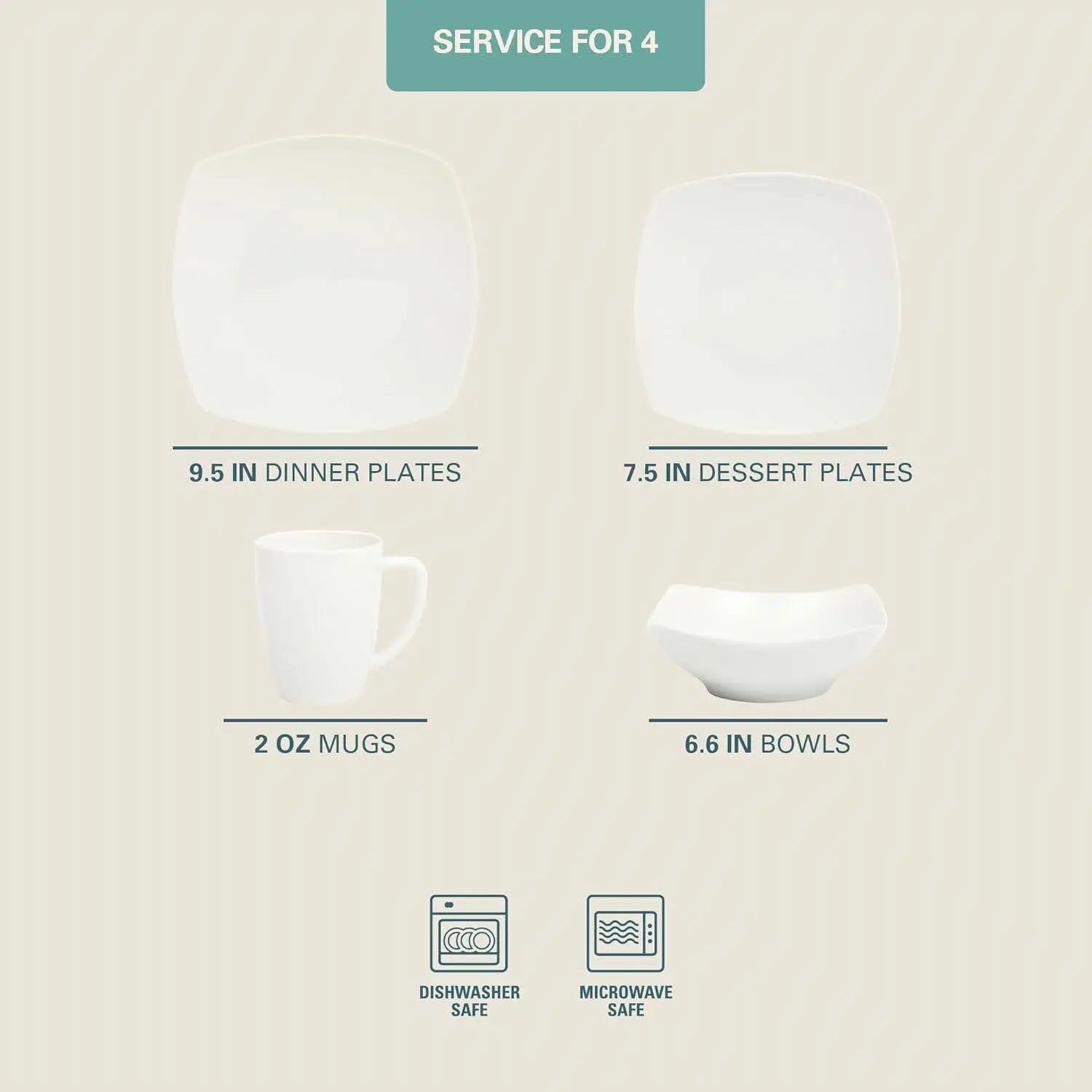 16 Pieces - White Square Porcelain Dinnerware Set - Service for 4 - Get it from Bo