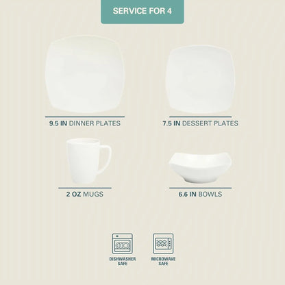 16 Pieces - White Square Porcelain Dinnerware Set - Service for 4 - Get it from Bo
