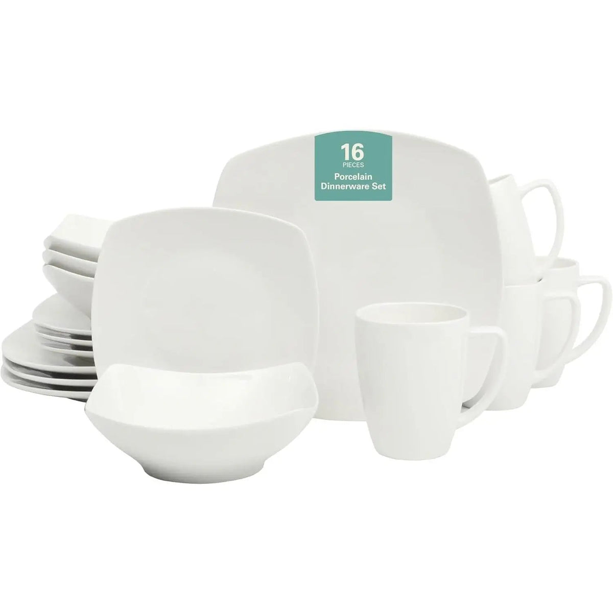 16 Pieces - White Square Porcelain Dinnerware Set - Service for 4 - Get it from Bo