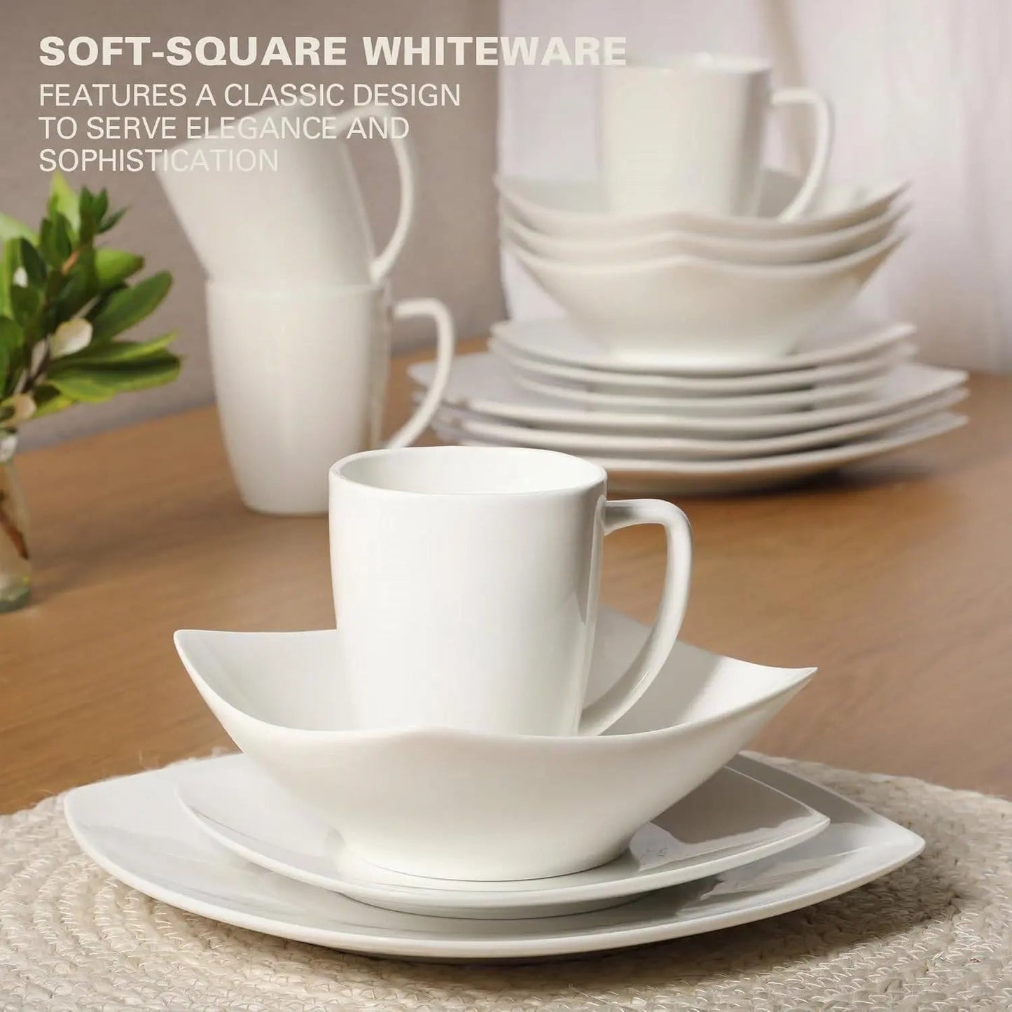 16 Pieces - White Square Porcelain Dinnerware Set - Service for 4 - Get it from Bo